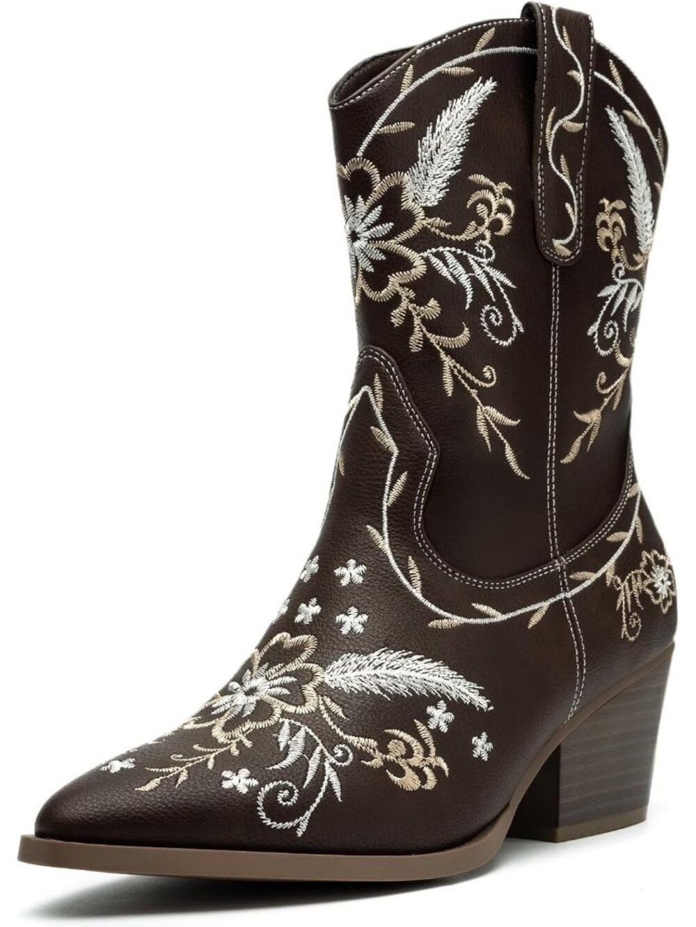 Women's Brown Gold Embroidery Chunky Heel Zip Up Pointed Toe Cowgirls Boot - Picture 1 of 5